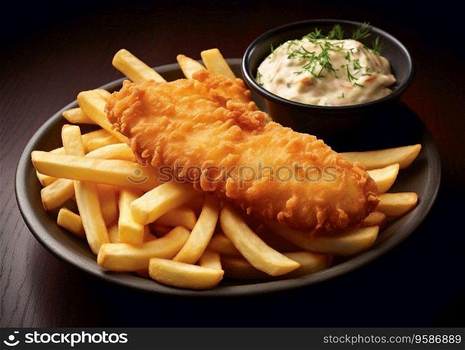 Fish and chips meal on table with tartar sauce.AI generative.