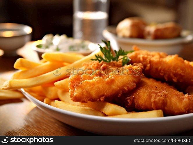Fish and chips traditional english food.AI generative.