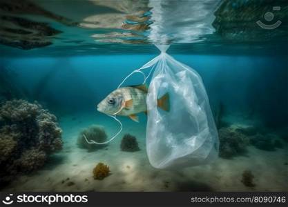 Fish and plastic pollution. Envrionmental problem - plastics contaminate seafood. Neural network AI generated art. Fish and plastic pollution. Envrionmental problem - plastics contaminate seafood. Neural network AI generated