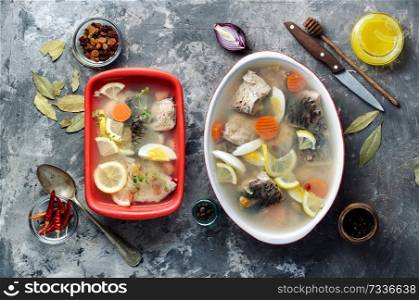 Fish and vegetables aspic.Fish food. Fish dish. Fish and vegetables aspic