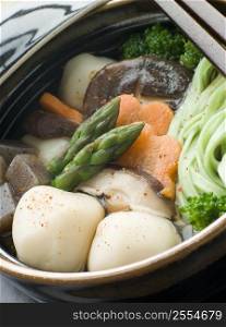 Fish Ball Stew Pot with Vegetables and Spinach Noodles