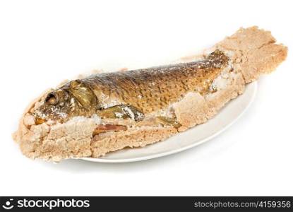 Fish carp baked with bay salt closeup