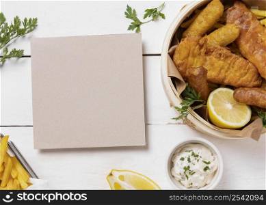 fish chips bowl with lemon card