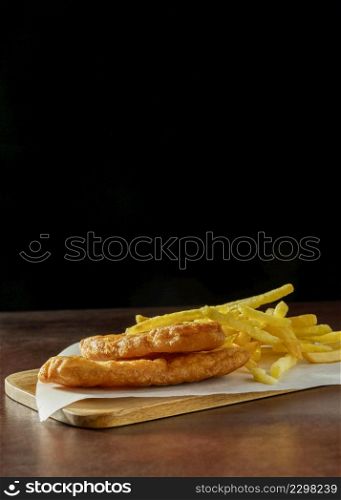 fish chips chopping board with copy space