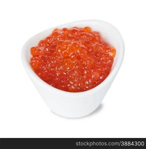 Fish eggs in porcelain sauceboat isolated at white
