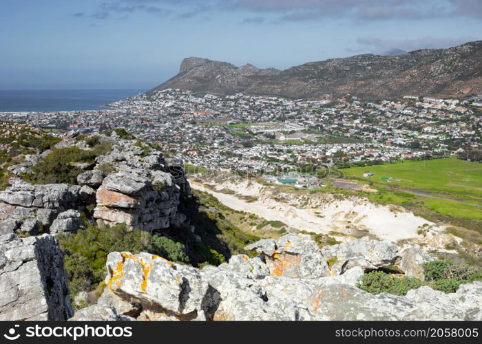 Fish Hoek residential neighborhood viewed from the top of Peer&rsquo;s Cave mountain in Cape Town South Africa