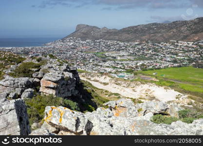 Fish Hoek residential neighborhood viewed from the top of Peer&rsquo;s Cave mountain in Cape Town South Africa