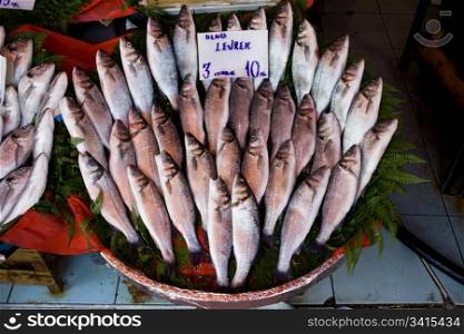 Fish market stall in Istanbul, Turkey with fresh sea bass fishes, price tag in Turkish