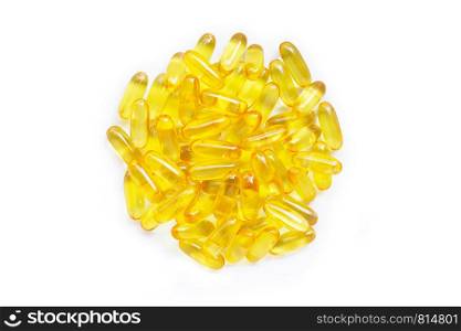 Fish oil capsules on white background.