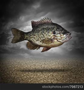 Fish out of water as a business or lifestyle metaphor for adapting to changes in the environment as an aquatic animal floating above dried cracked ground as a symbol of crisis management and overcoming challenges as climate change.