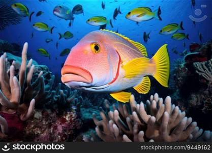 Fish over a coral reef in the sea. Generative AI