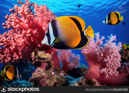 Fish over a coral reef in the sea. Generative AI