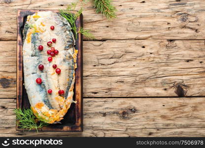 Fish roll.Fish stuffed with vegetables.Banquet dish or Christmas food.Copy space. Fish roll with vegetables