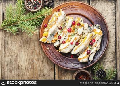 Fish roll.Fish stuffed with vegetables.Banquet dish or Christmas food. Fish roll with vegetables