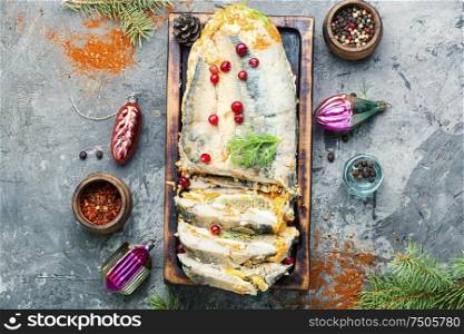 Fish roll.Fish stuffed with vegetables.Banquet dish or Christmas food. Mackerel roll with vegetables