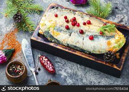 Fish roll.Fish stuffed with vegetables.Banquet dish or Christmas food. Mackerel roll with vegetables