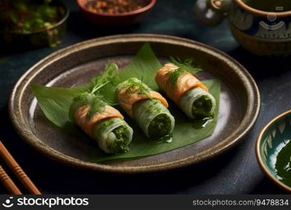 Fish rolls with herbs. Generative AI