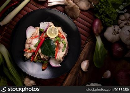 Fish salad with lime, chili, lemongrass, onions, red onions, parsley and kaffir lime leaves in the plate.