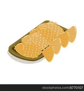 fish-shaped pies with red bean paste on a long plate in a row. Fish-shaped cakes taiyaki with red bean paste
