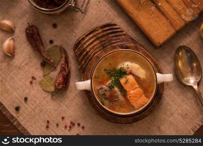 fish soup composition. Tasty fish soup - ukha, soup from different fishes and vegetables