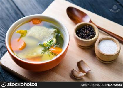 Fish soup served on the table in plate