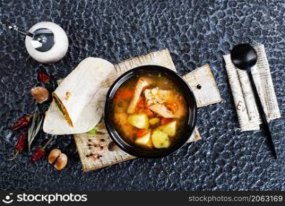fish soup, soup with salmon , diet food