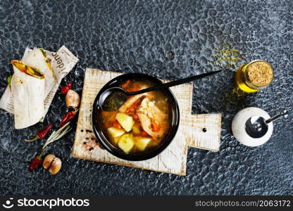 fish soup, soup with salmon , diet food