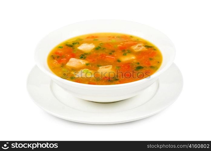 Fish soup with pikeperch and salmon isolated on a white