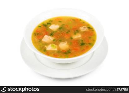 Fish soup with pikeperch and salmon isolated on a white