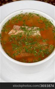 Fish soup with salmon closeup photo