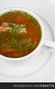 Fish soup with salmon closeup photo