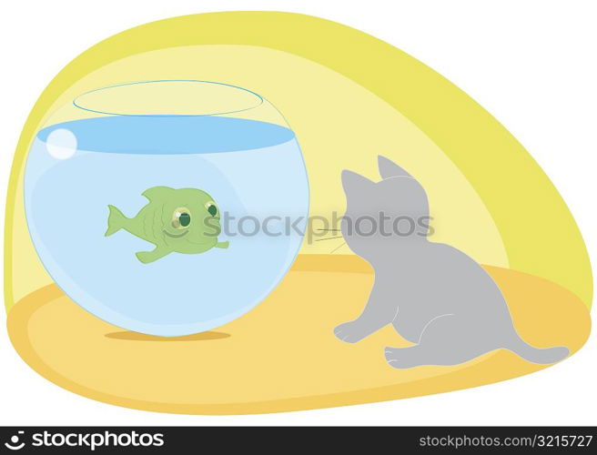 Fish swimming in a fishbowl looking at a cat