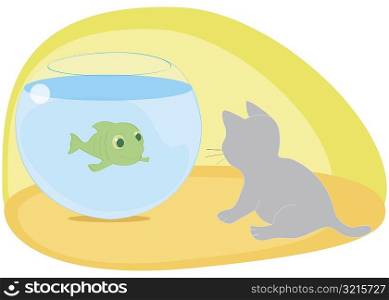Fish swimming in a fishbowl looking at a cat