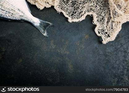 Fish with fishing net on dark vintage background