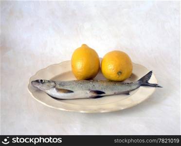 Fish with lemon on plate isolated on painted background