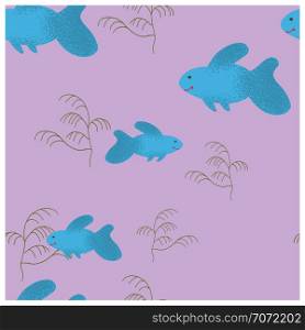 Fish with texture and water plants endless pattern. Beautiful vector seamless pattern. Isolated on lilac background. . Fish and sea plant texture pattern.
