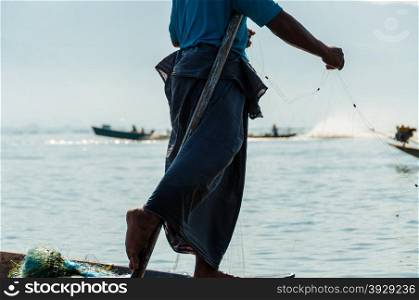 Fisherman at Inle Lake working on one foot. Fisherman at Inle Lake working on one foot Burma Myanmar