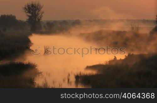 fisherman fishes early in morning. sunrise on lake.