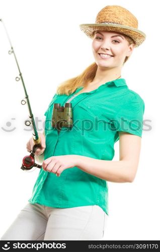 Fishery, spinning equipment, angling sport and activity concept. Happy smiling woman with fishing rod.. Woman with fishing rod, spinning equipment