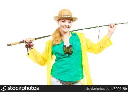 Fishery, spinning equipment, angling sport and activity concept. Woman with fishing rod.. Woman with fishing rod, spinning equipment