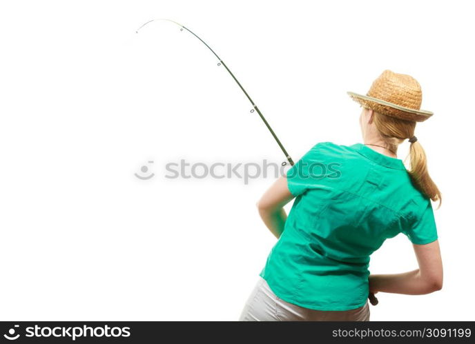 Fishery, spinning equipment, angling sport and activity concept. Woman with fishing rod.. Woman with fishing rod, spinning equipment