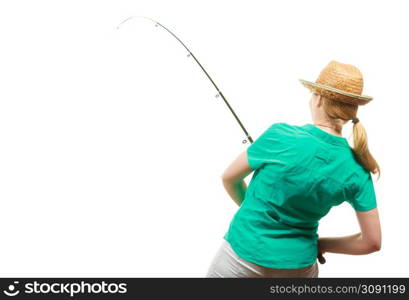 Fishery, spinning equipment, angling sport and activity concept. Woman with fishing rod.. Woman with fishing rod, spinning equipment