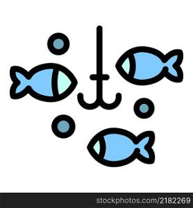 Fishes and hook icon. Outline fishes and hook vector icon color flat isolated. Fishes and hook icon color outline vector