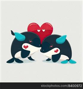 Fishes kissing. Cute cartoon with two animals in love romantic illustration. Template for Valentine day. Generative AI