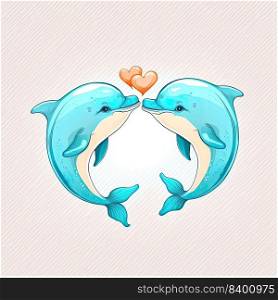 Fishes kissing. Cute cartoon with two animals in love romantic illustration. Template for Valentine day. Generative AI