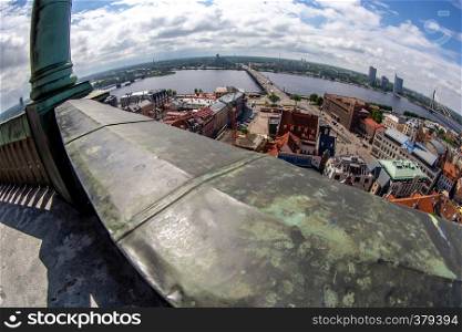Fisheye aerial view of Riga city from st. Peter's church in Latvia. Panoramic view of Riga with cloudy blue sky. Fisheye lens.