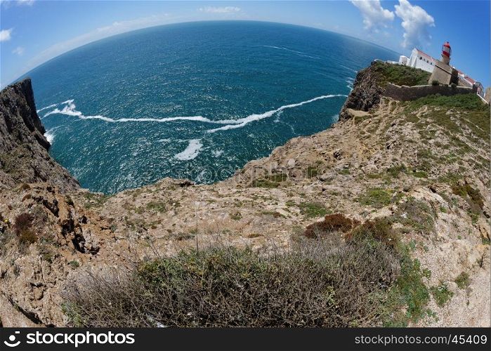 Fisheye view of Saint Vincent Cape and lighthouse in Algarve, Portugal