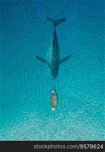 Fishing boat face to face the big whale in clear blue ocean 