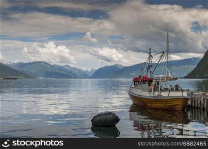 fishing boat in the harbor of Vik at the sognefjord in Norway