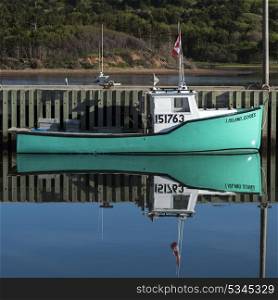 Fishing boat moored at harbor, Mabou, Cape Breton Island, Nova Scotia, Canada